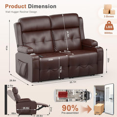 RV Loveseat Recliner, Massage Wall Hugger Recliners Sofa with USB, Side Pockets, Cup Holders and Removable Armrest, for RV and Home Theater, Brown