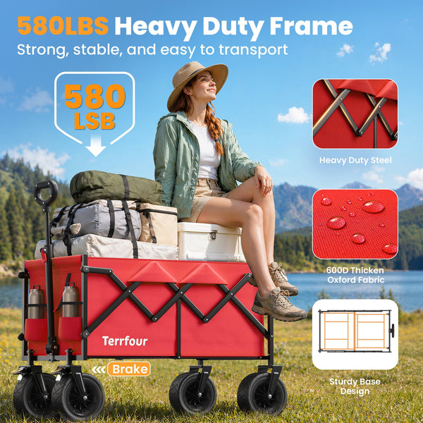 Terrfour 560LBS Collapsible Folding Wagon, Heavy Duty Utility Cart for Grocery, Shopping, Garden, Sports, Camping, Red