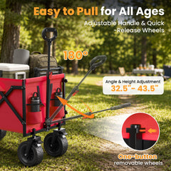 Terrfour 560LBS Collapsible Folding Wagon, Heavy Duty Utility Cart for Grocery, Shopping, Garden, Sports, Camping, Red